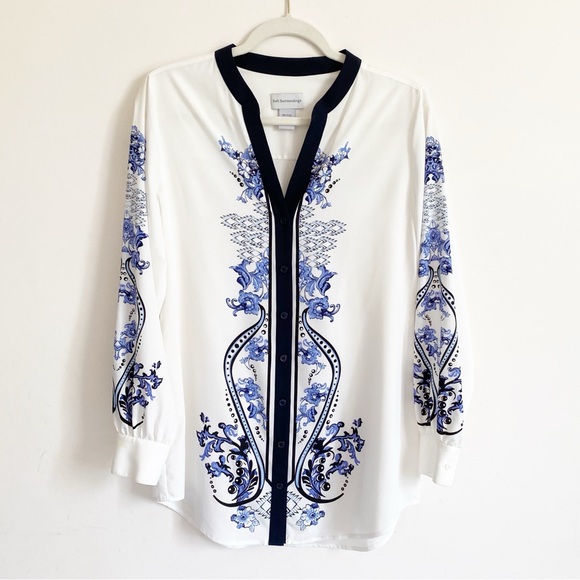 Soft Surroundings Paisley Blue Floral Notched Flat Collar Button Up Tunic Top S - Picture 1 of 6